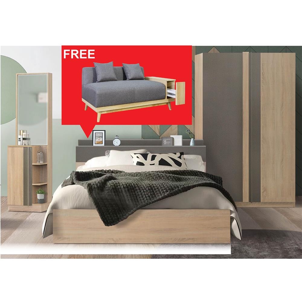 ชุดห้องนอน 6 ฟุต KONCEPT TOUCHI พร้อมโซฟาลิ้นชักขวา 140 ซม. สี SOLID OAK