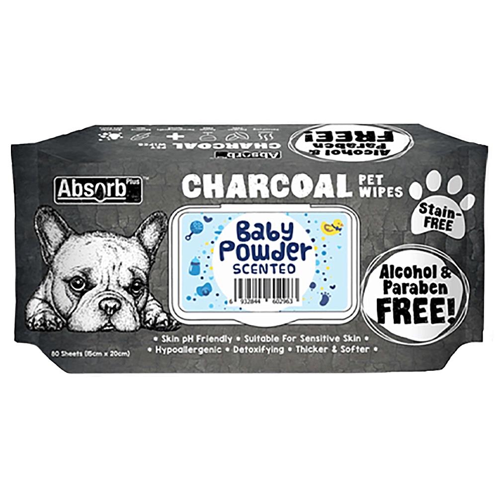 ผ้าเช็ดทำความสะอาดสัตว์เลี้ยง ABSORB PLUS CHARCOAL BABY POWDER 80 แผ่น