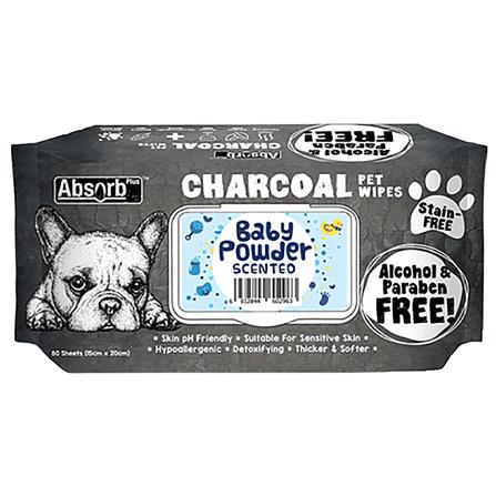 ผ้าเช็ดทำความสะอาดสัตว์เลี้ยง ABSORB PLUS CHARCOAL BABY POWDER 80 แผ่น
