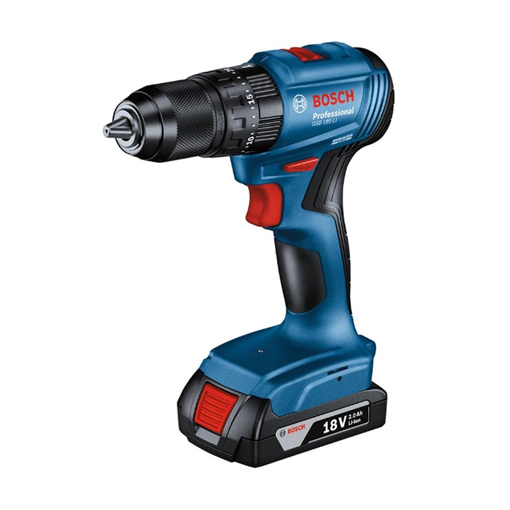 สว่านไร้สาย (พร้อมแบตเตอรี่+ชุดดอกสว่าน/ดอกไขควง) BOSCH GSB185-LI SET+ACE23 13 มม. 18 โวลต์