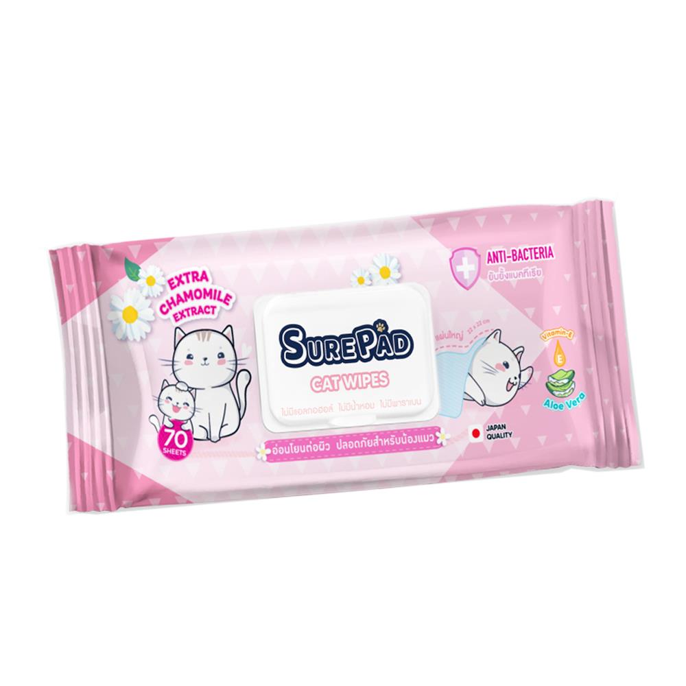 ผ้าเช็ดทำความสะอาดสัตว์เลี้ยง SUREPAD CAT WIPES 22x22 ซม. 70 แผ่น
