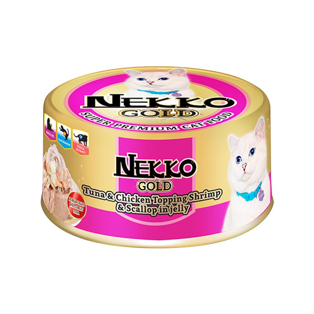 อาหารเปียกแมว NEKKO GOLD TUNA & CHICKEN WITH SHRIMP & SCALLOP IN JELLY 85 ก.