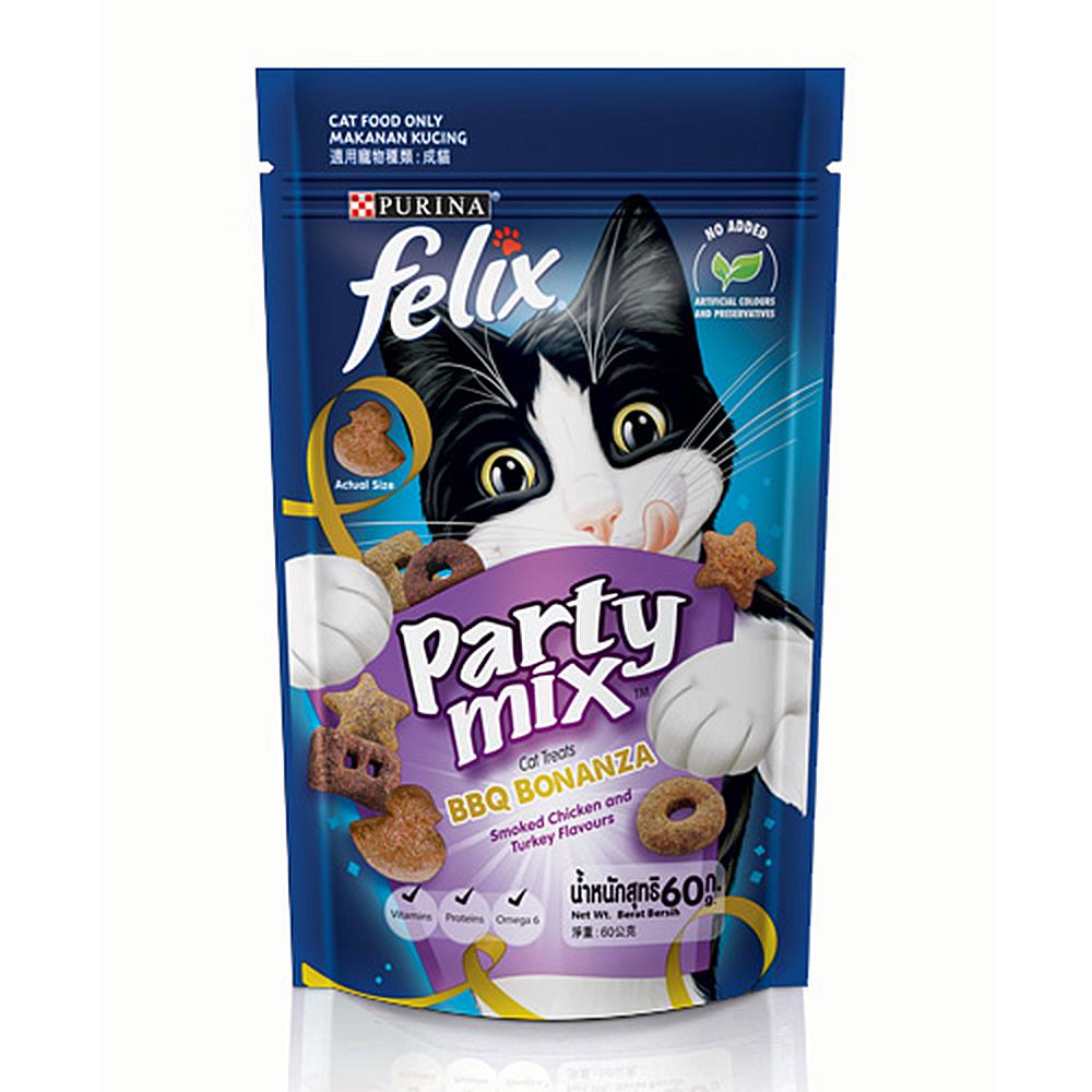 ขนมแมว FELIX PARTY MIX BBQ SMOKED CHICKEN & TURKEY 60 ก.