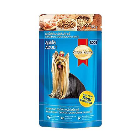 อาหารเปียกสุนัข SMARTHEART ADULT รสเนื้อไก่แบบชิ้นในน้ำเกรวี่ 130 ก.