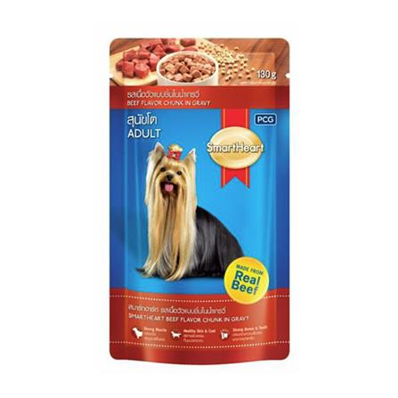 อาหารเปียกสุนัข SMARTHEART ADULT รสเนื้อวัวแบบชิ้นในน้ำเกรวี่ 130 ก.