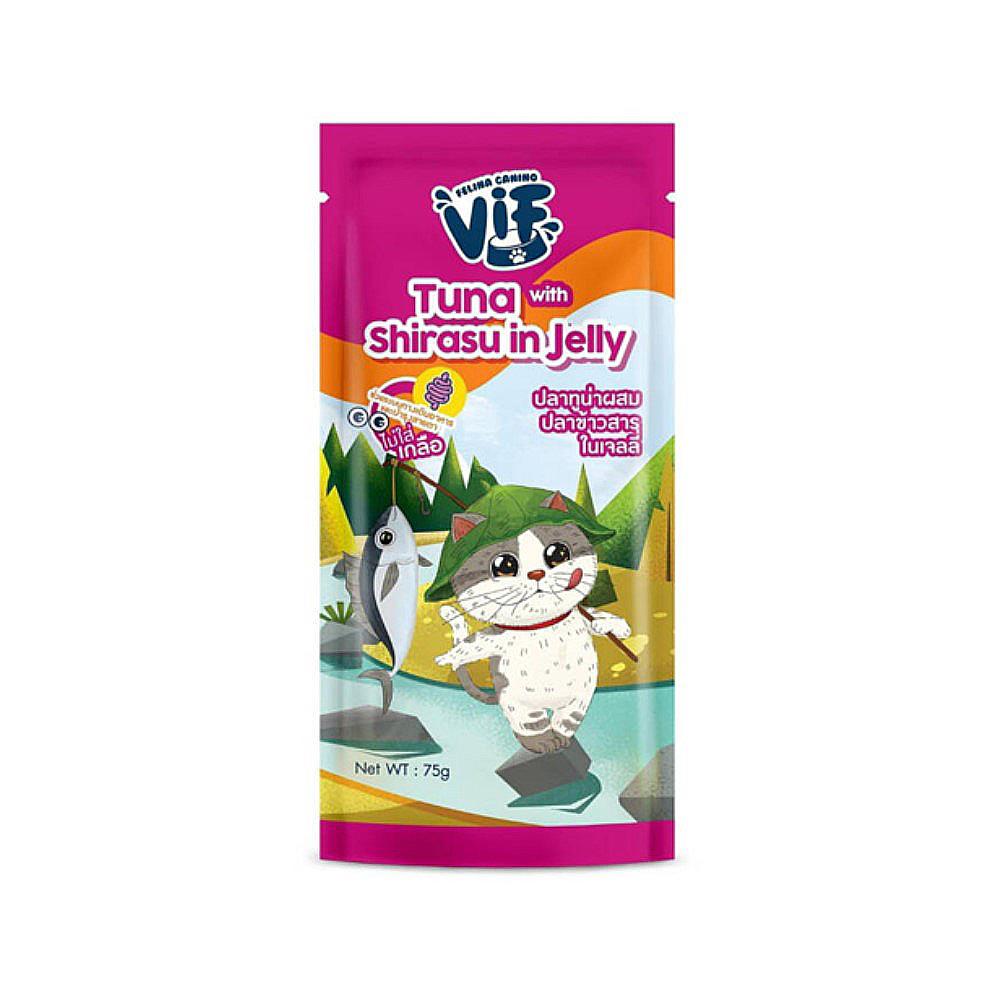 อาหารเปียกแมว FELINA CANINO VIF รสทูน่าและปลาข้าวสารในเจลลี่ 75 ก.