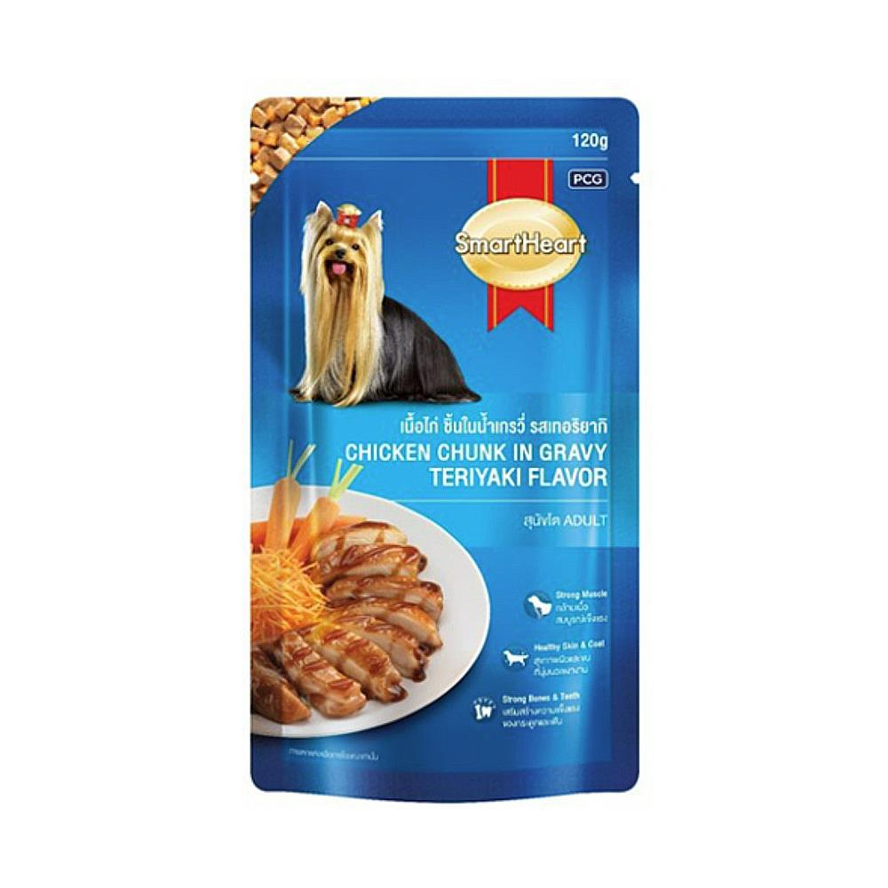 อาหารเปียกสุนัข SMARTHEART ADULT รสเนื้อไก่ชิ้นในน้ำเกรวี่เทอริยากิ 120 ก.