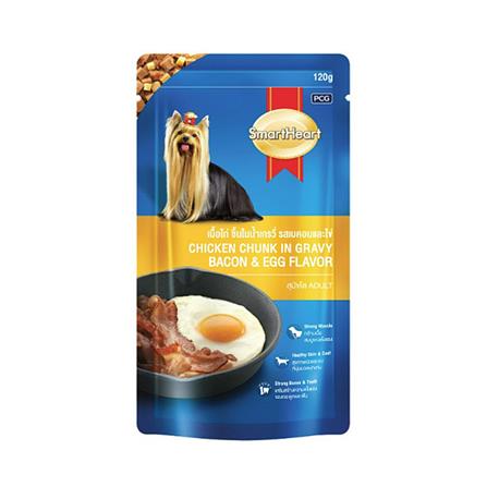 อาหารเปียกสุนัข SMARTHEART ADULT รสเนื้อไก่ชิ้นน้ำเกรวี่เบคอนและไข่ 120 ก.