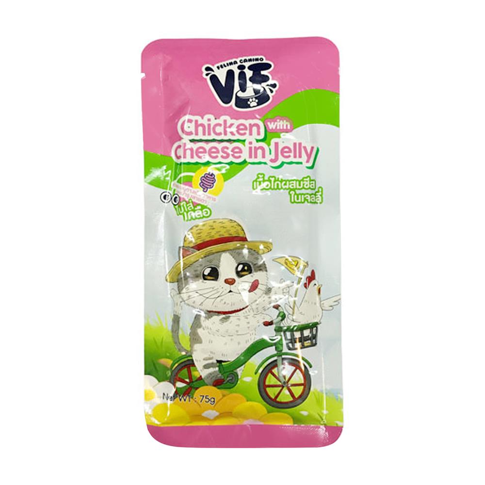 อาหารเปียกแมว FELINA CANINO VIF เนื้อไก่ผสมชีสในเจลลี่ 75 ก.