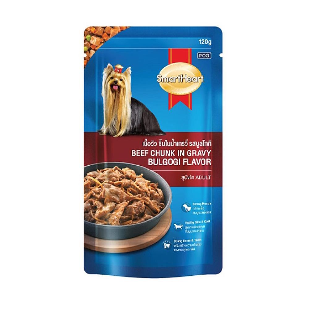 อาหารเปียกสุนัข SMARTHEART ADULT รสเนือวัวชิ้นในน้ำเกรวี่บลูโกกิ 120 ก.