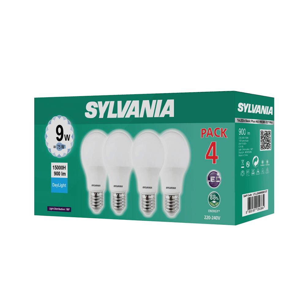 หลอด LED SYLVANIA BASIC PLUS 9 วัตต์ DAYLIGHT E27 แพ็ก 4 ชิ้น