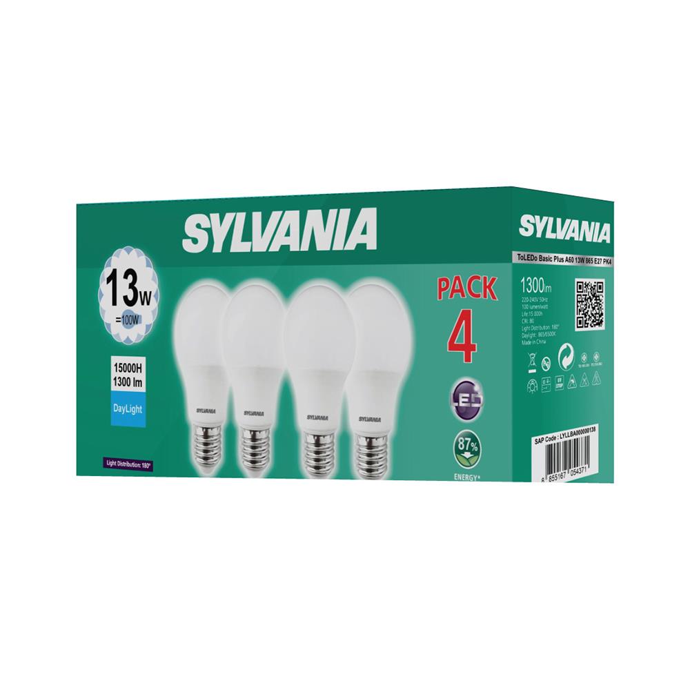 หลอด LED SYLVANIA BASIC PLUS 13 วัตต์ DAYLIGHT E27 แพ็ก 4 ชิ้น