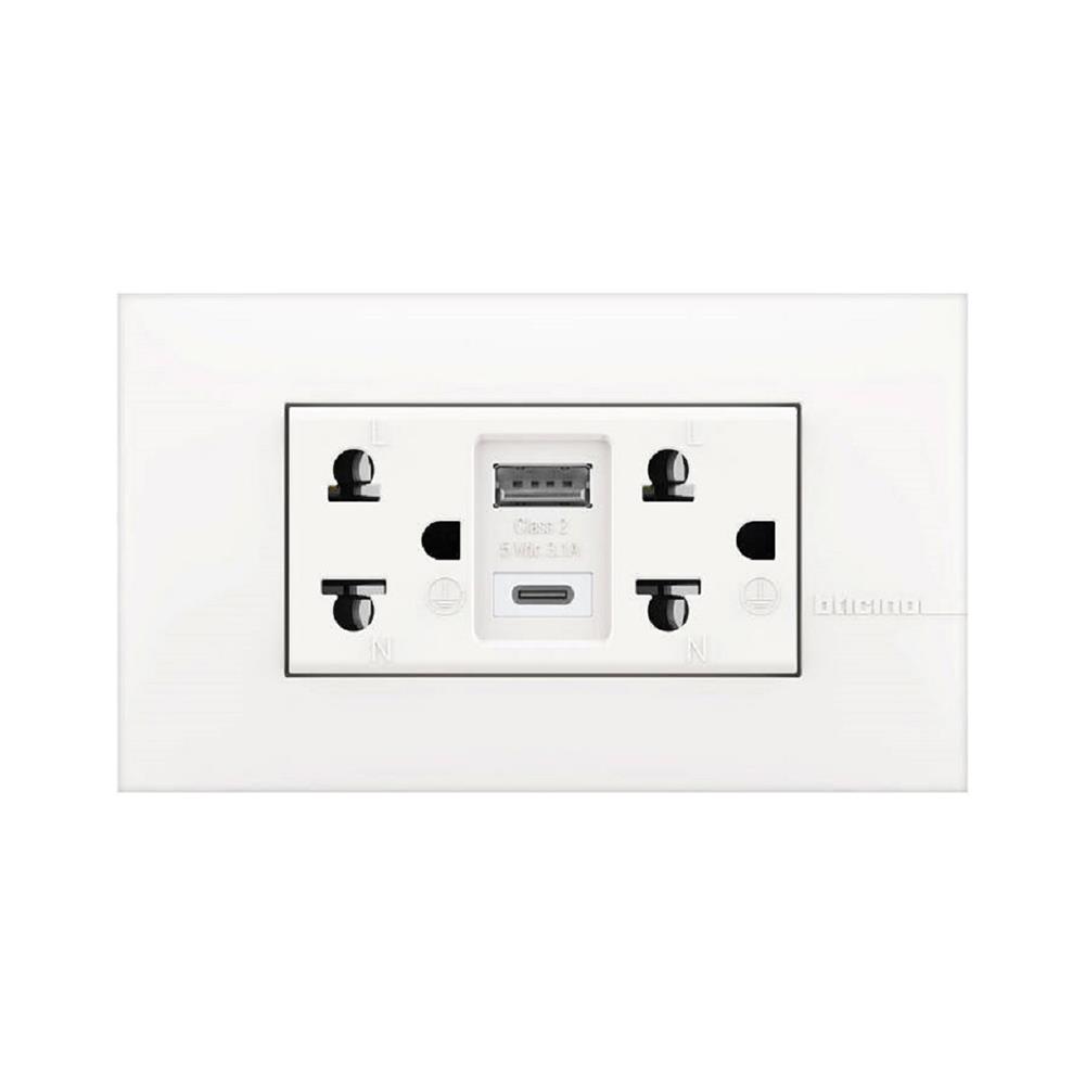 ชุดเต้ารับคู่ 3 ขา พร้อมที่ชาร์จ USB และ Type C BTICINO AE4185AC สีขาว