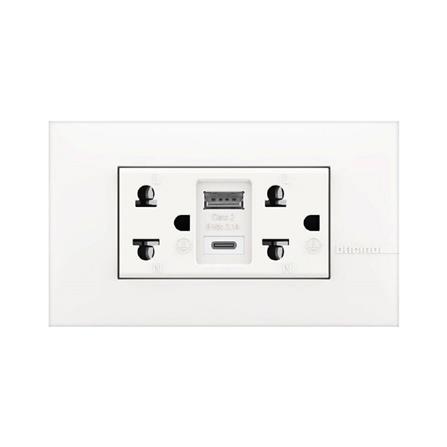 ชุดเต้ารับคู่ 3 ขา พร้อมที่ชาร์จ USB และ Type C BTICINO AE4185AC สีขาว