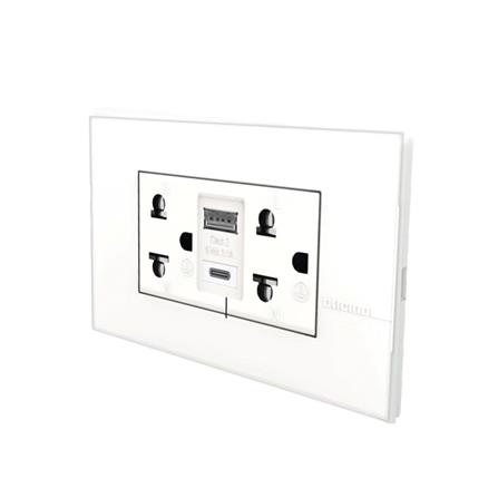 ชุดเต้ารับคู่ 3 ขา พร้อมที่ชาร์จ USB และ Type C BTICINO AE4185AC สีขาว_1