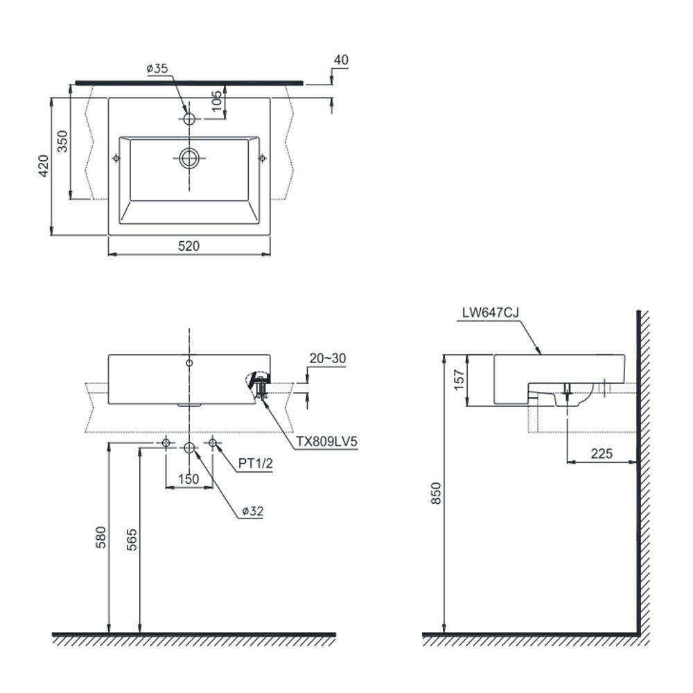 อ่างล้างหน้าฝังครึ่งเคาน์เตอร์ TOTO LW647CJW/F สีขาว