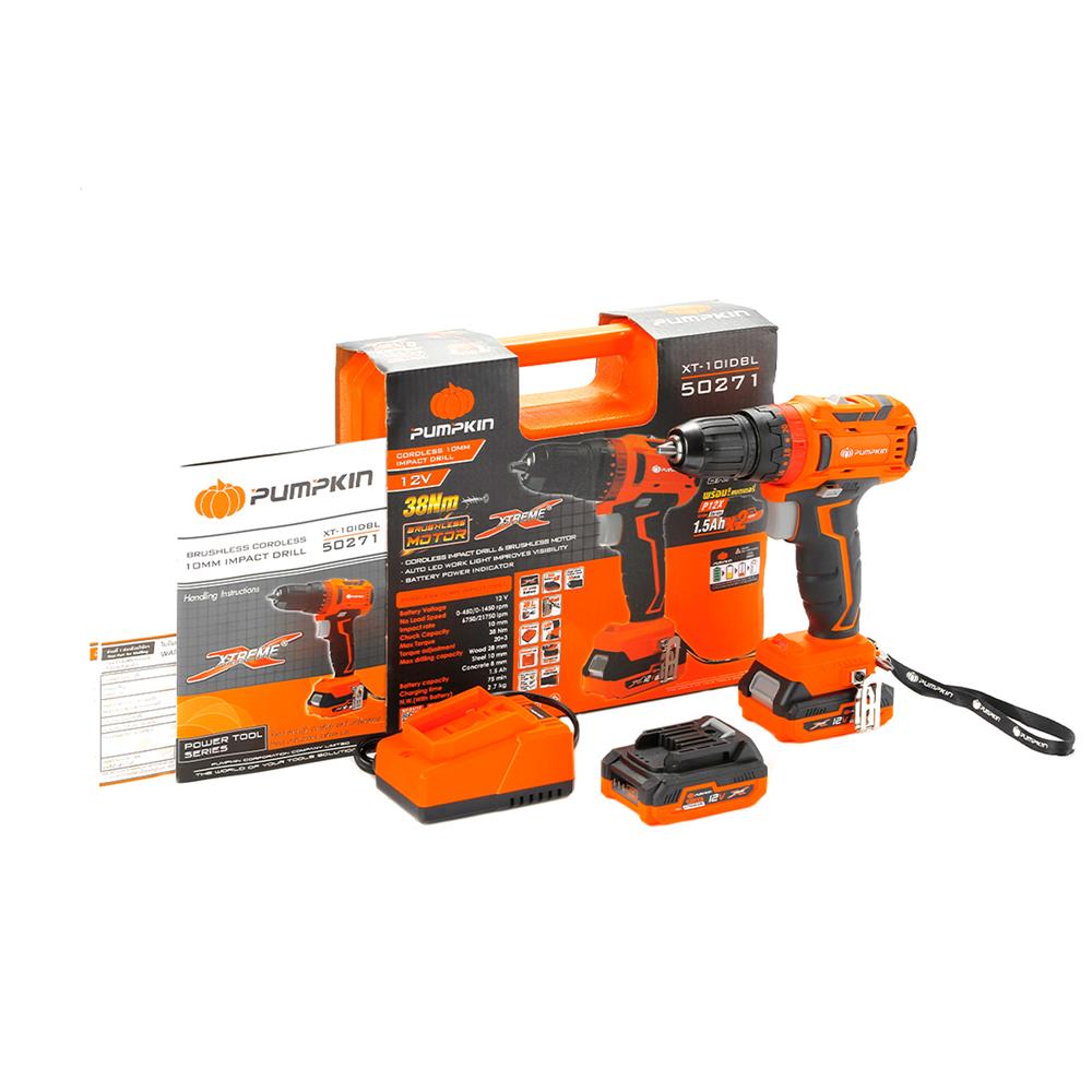 สว่านกระแทกไร้สาย (พร้อมแบตเตอรี่) PUMPKIN XTREME XT-10IDBL 50271 12 โวลต์