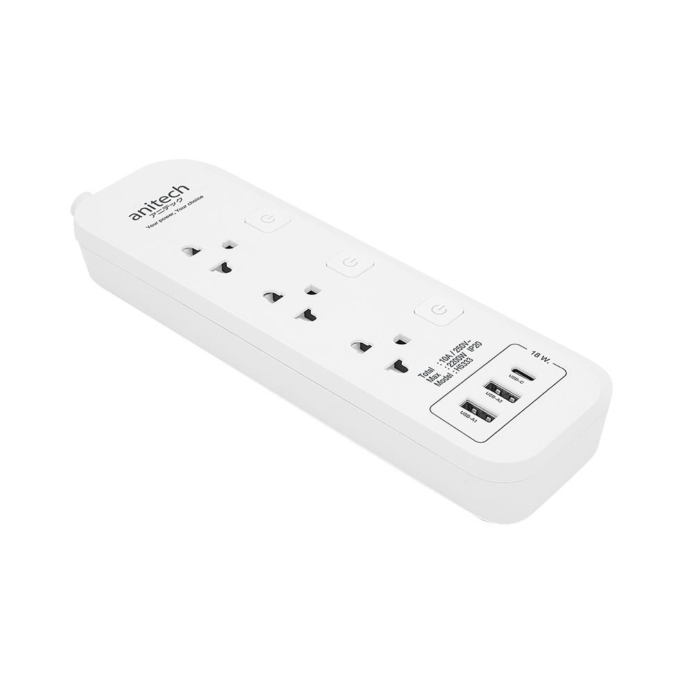 รางปลั๊กไฟ 3 ช่อง 3 สวิตช์ 3 USB ANITECH 3 เมตร สีขาว