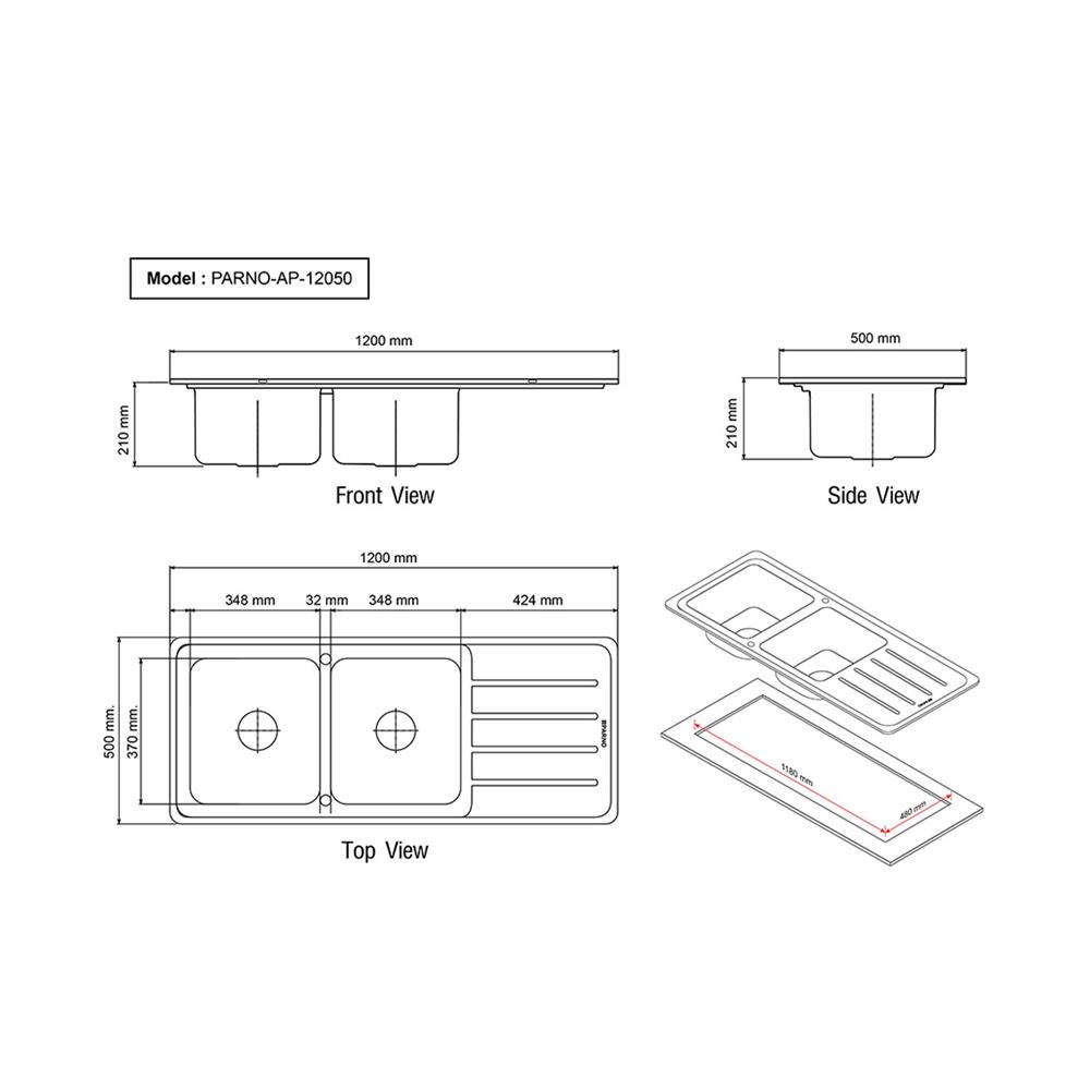 ซิงค์ฝัง 2 หลุม 1 ที่พัก PARNO PAR-AP-12050 เงิน