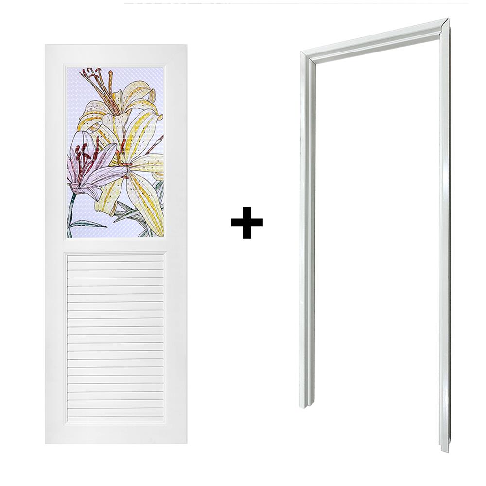 ชุดประตูห้องน้ำ UPVC AZLE ดอกลิลลี่ 70X200 ซม. สีขาว พร้อมวงกบ ไม่เจาะลูกบิด