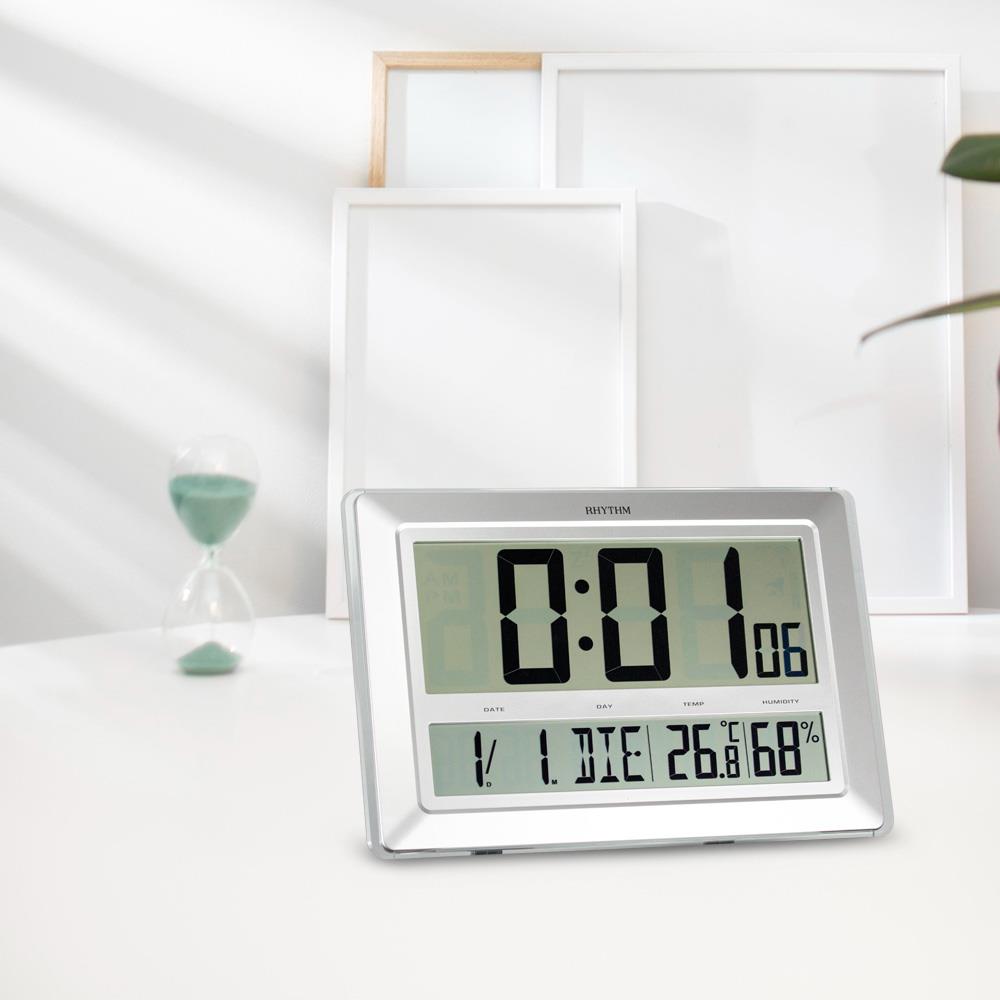 นาฬิกาตั้งโต๊ะพลาสติก RHYTHM LCW015NR19 11.5X15.5 นิ้ว สีขาว