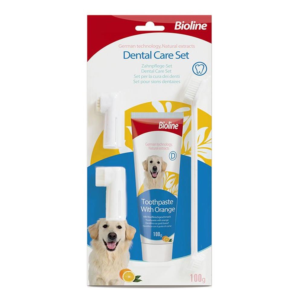 ชุดฝึกแปรงฟันสัตว์เลี้ยง BIOLINE TEETH CARE STARTER กลิ่นส้ม 100 ก.