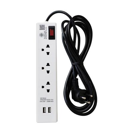 รางปลั๊กไฟหัวปลั๊กงอ 3 ช่อง 1 สวิตซ์ 2 USB UNIC H503 10 แอมป์ 2300 วัตต์ 3 เมตร สีขาว_1