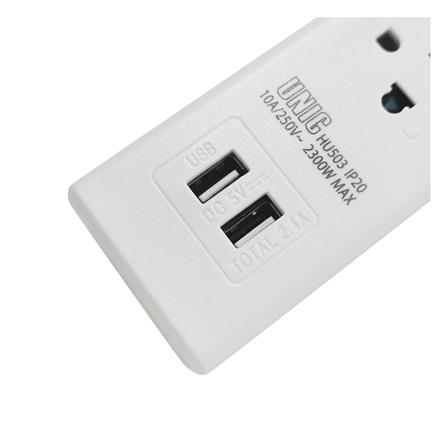 รางปลั๊กไฟหัวปลั๊กงอ 3 ช่อง 1 สวิตซ์ 2 USB UNIC H503 10 แอมป์ 2300 วัตต์ 3 เมตร สีขาว_2