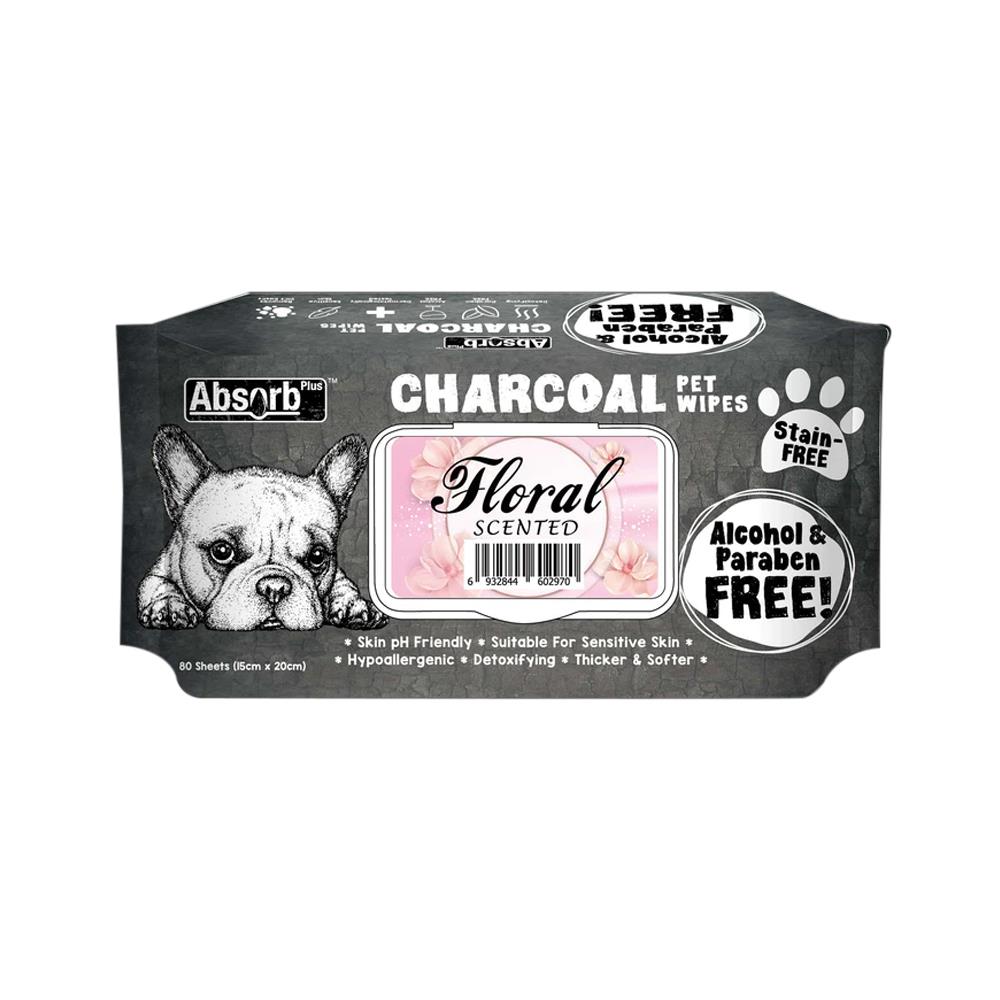 ผ้าเช็ดทำความสะอาดสัตว์เลี้ยง ABSORB PLUS CHARCOAL FLORAL 80 แผ่น