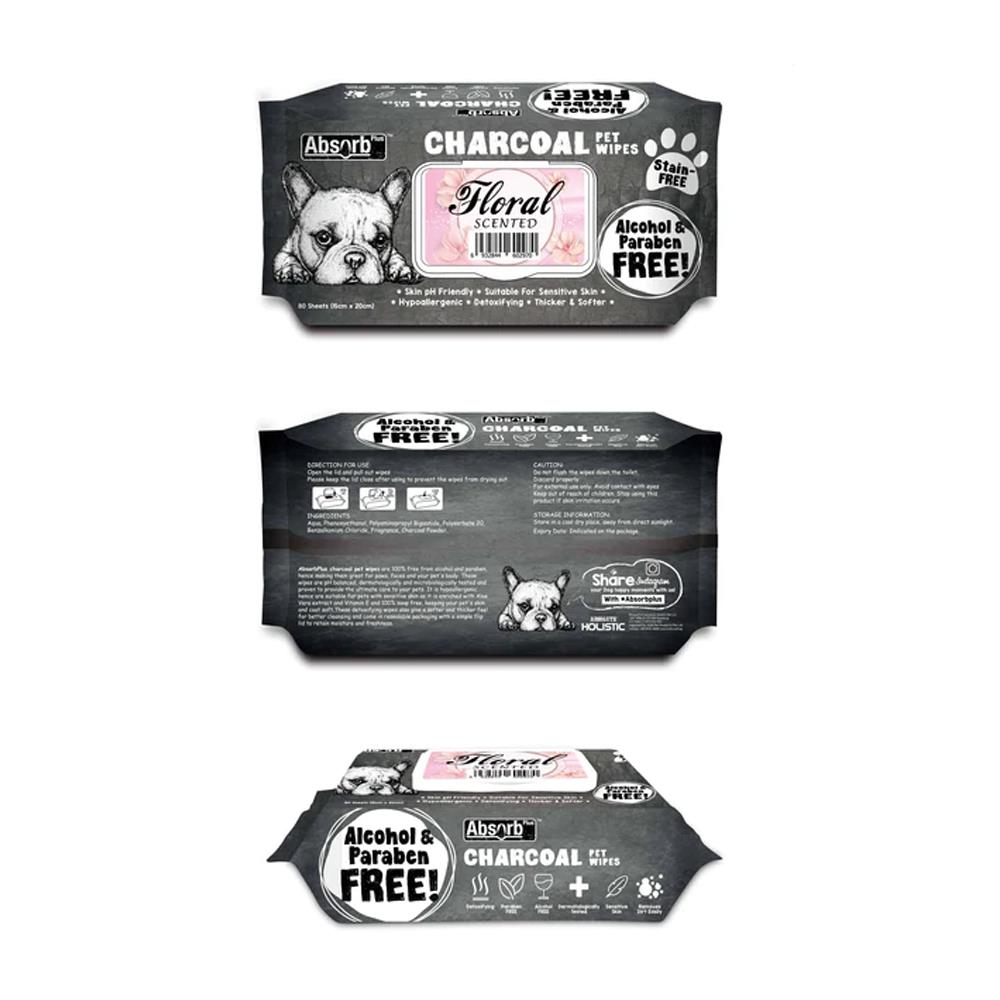 ผ้าเช็ดทำความสะอาดสัตว์เลี้ยง ABSORB PLUS CHARCOAL FLORAL 80 แผ่น