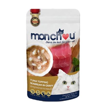 อาหารเปียกแมว MONCHOU TUNA TOPPING SEABREAM IN GRAVY 70 กรัม_0