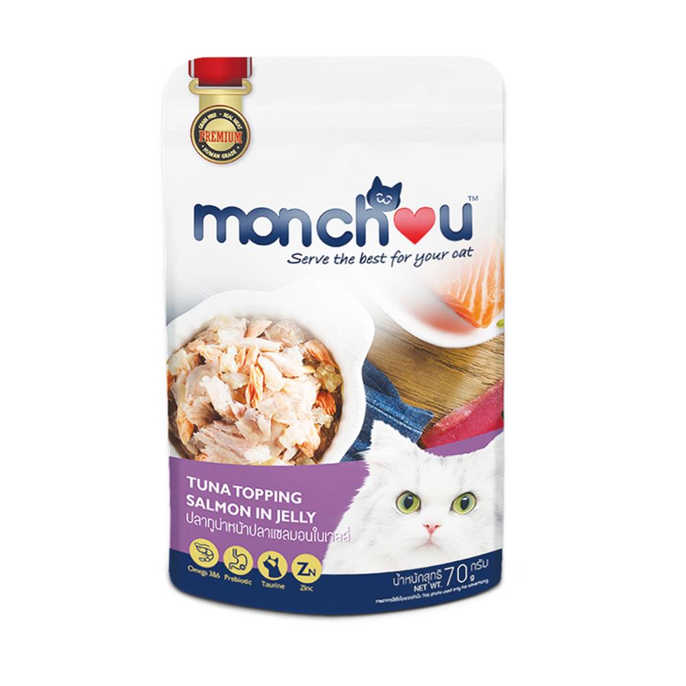อาหารเปียกแมว MONCHOU TUNA TOPPING SALMON IN JELLY 70 ก.