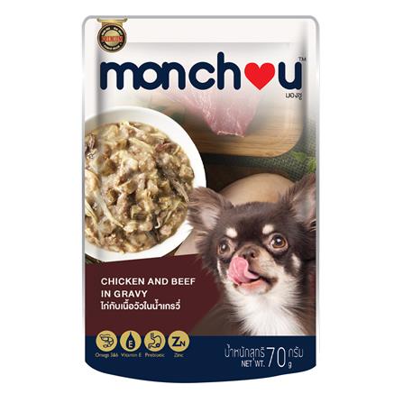 อาหารเปียกสุนัข MONCHOU ไก่กับเนื้อวัวในน้ำเกรวี่ 70 ก.