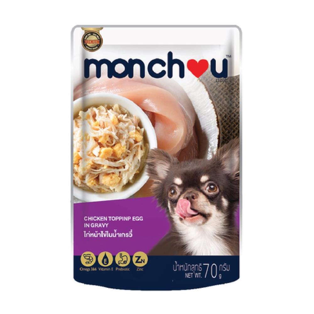 อาหารเปียกสุนัข MONCHOU CHICKEN TOPPING EGG IN GRAVY 70 กรัม