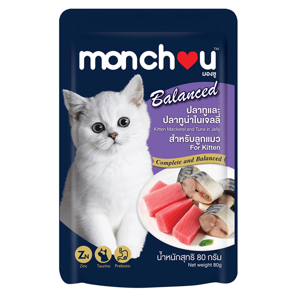 อาหารเปียกแมว MONCHOU ปลาทูและปลาทูน่าในเจลลี่ 80 ก.