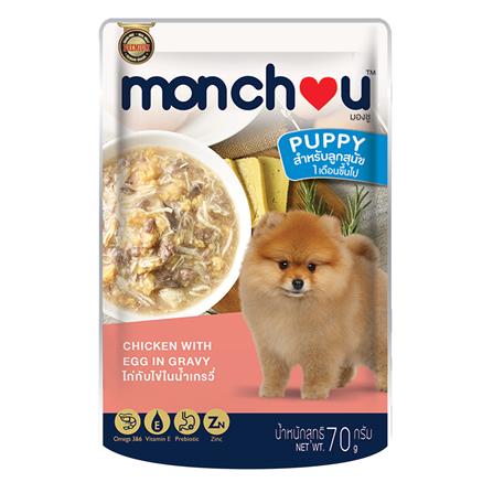 อาหารเปียกสุนัข MONCHOU ไก่กับไข่ในน้ำเกรวี่ 70 ก.