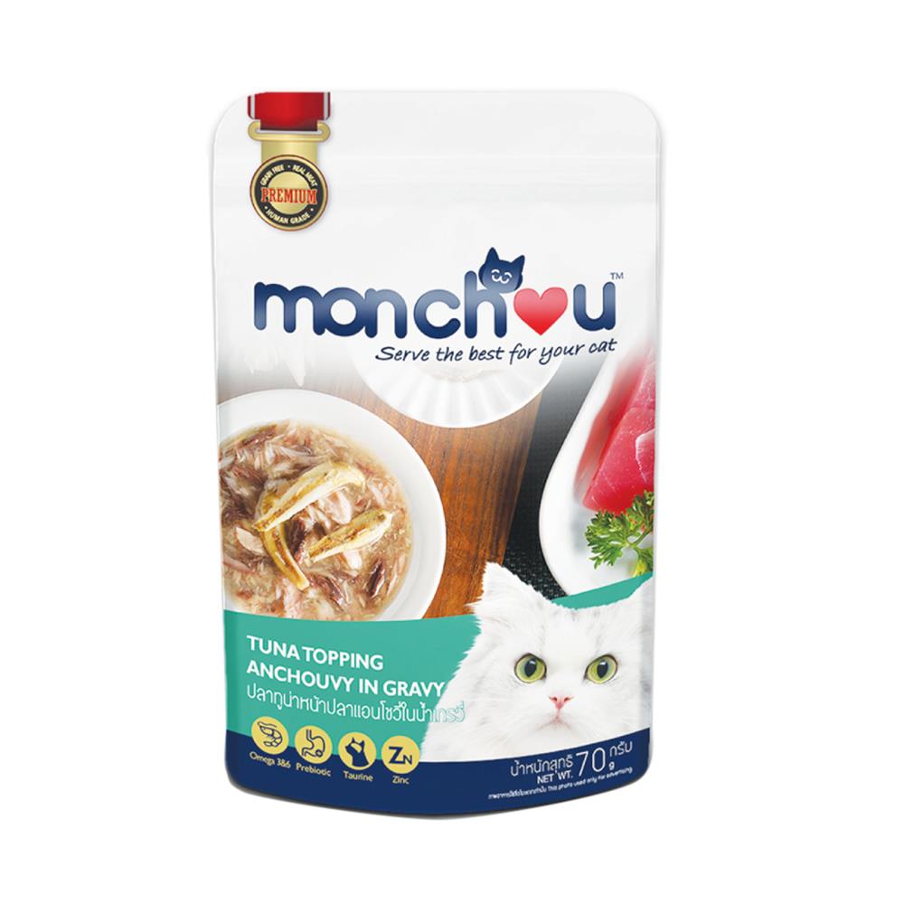 อาหารเปียกแมว MONCHOU TUNA TOPPING ANCHOUVY IN GRAVY 70 ก.