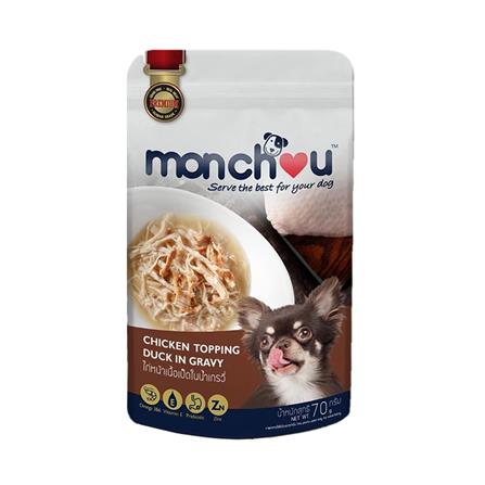อาหารเปียกสุนัข MONCHOU CHICKEN TOPPING DUCK IN GRAVY 70 ก.
