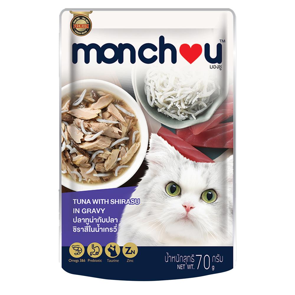 อาหารเปียกแมว MONCHOU ปลาทูน่ากับปลาชิราสึในน้ำเกรวี่  70 ก.