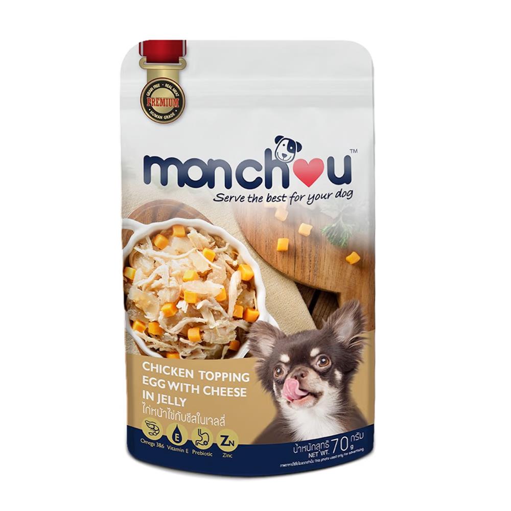 อาหารเปียกสุนัข MONCHOU CHICKEN TOPPING EGG WITH CHEESE IN JELLY 70 ก.