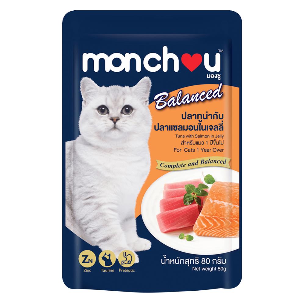 อาหารเปียกแมว MONCHOU ปลาทูน่ากับปลาแซลมอนในเจลลี่ 80 ก.