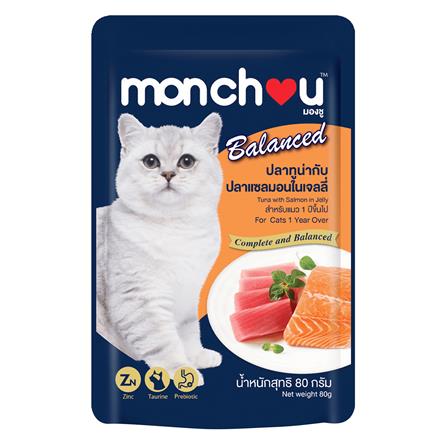 อาหารเปียกแมว MONCHOU ปลาทูน่ากับปลาแซลมอนในเจลลี่ 80 ก.