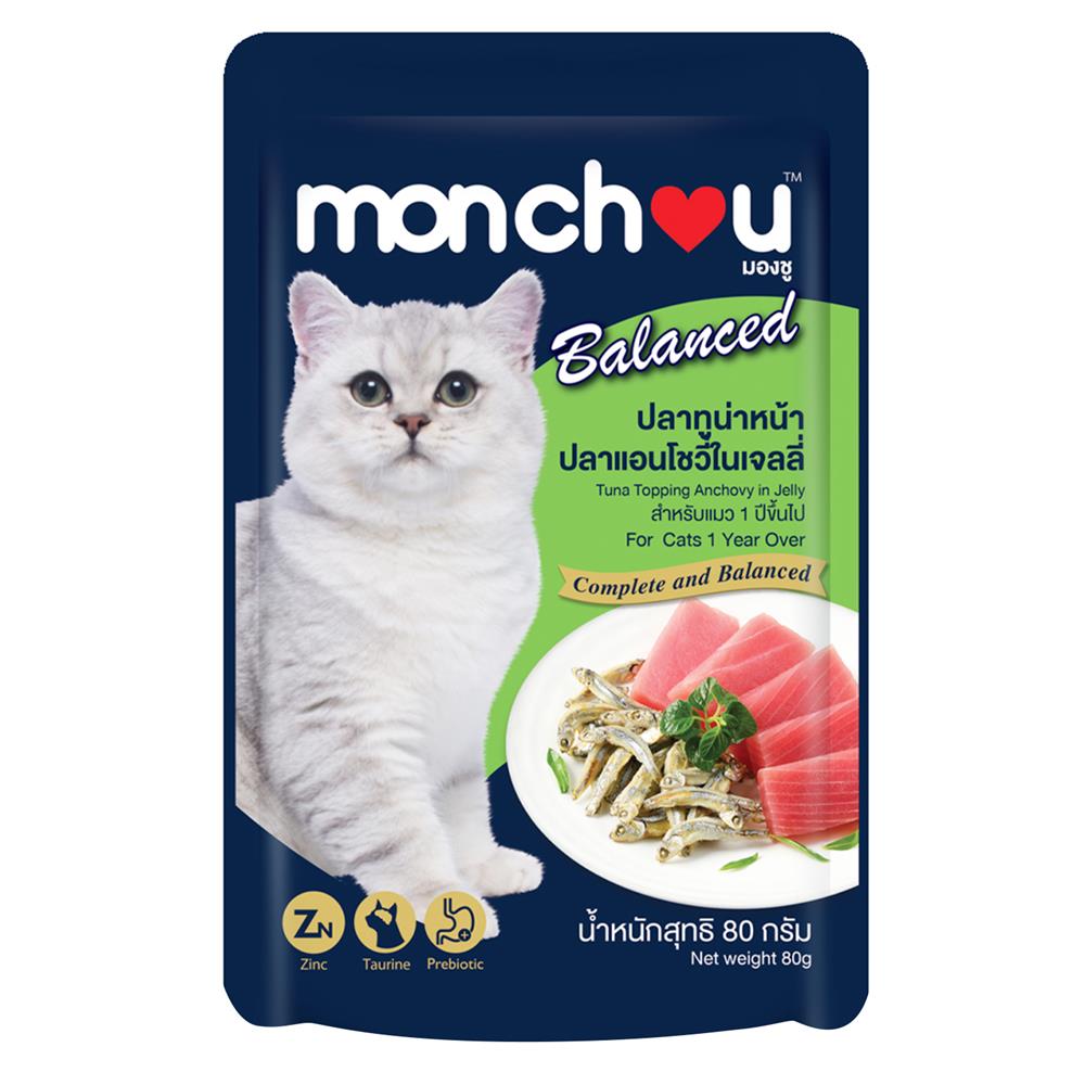 อาหารเปียกแมว MONCHOU ปลาทูน่าหน้าปลาแอนโชวี่ในเจลลี่ 80 ก.