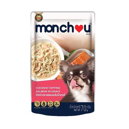 อาหารเปียกสุนัข MONCHOU CHICKEN TOPPING SALMON IN GRAVY 70 ก.