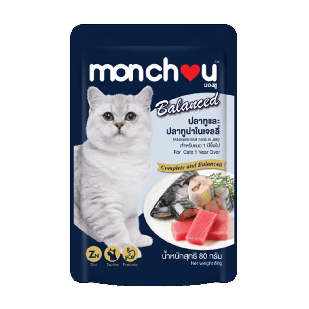 อาหารเปียกแมว MONCHOU MACKEREL AND TUNA IN JELLY 80 ก.