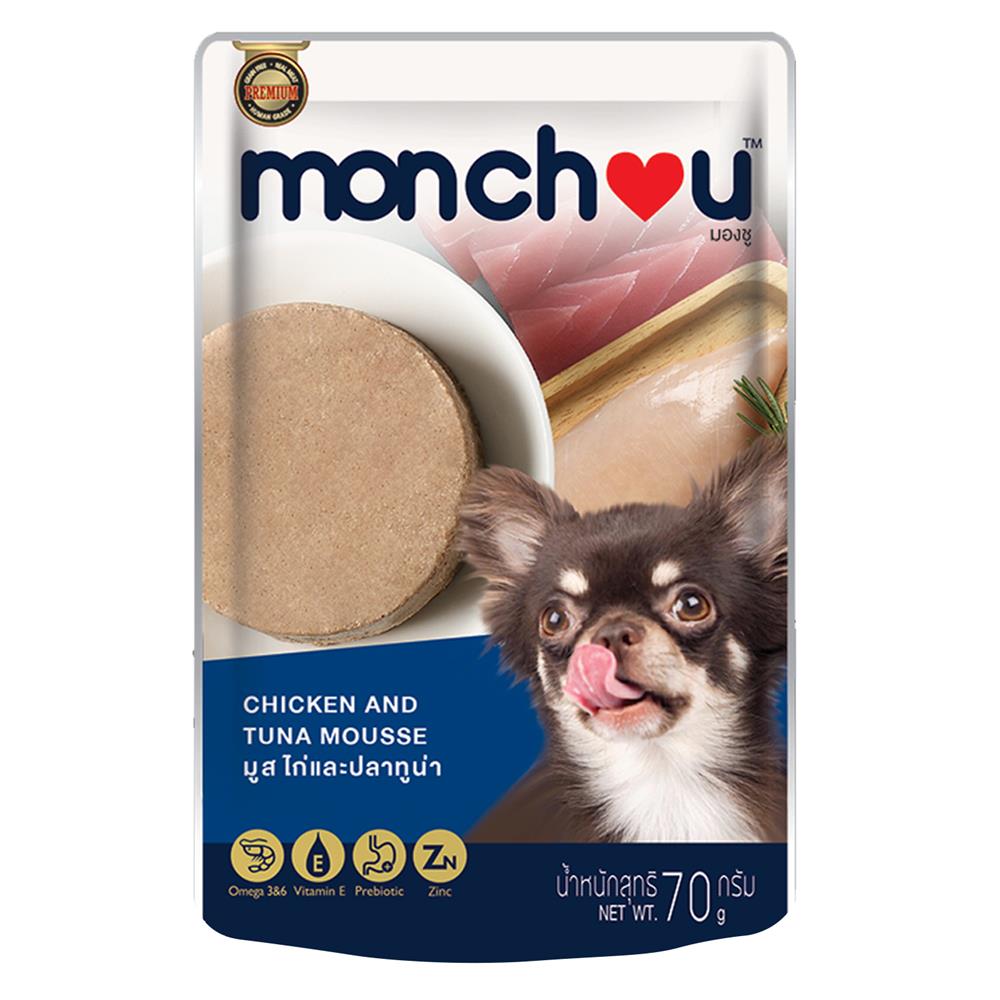 อาหารเปียกสุนัข MONCHOU มูส ไก่และปลาทูน่า 70 ก.