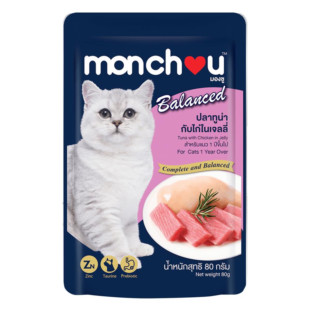 อาหารเปียกแมว MONCHOU ปลาทูน่ากับไก่ในเจลลี่ 80 ก.