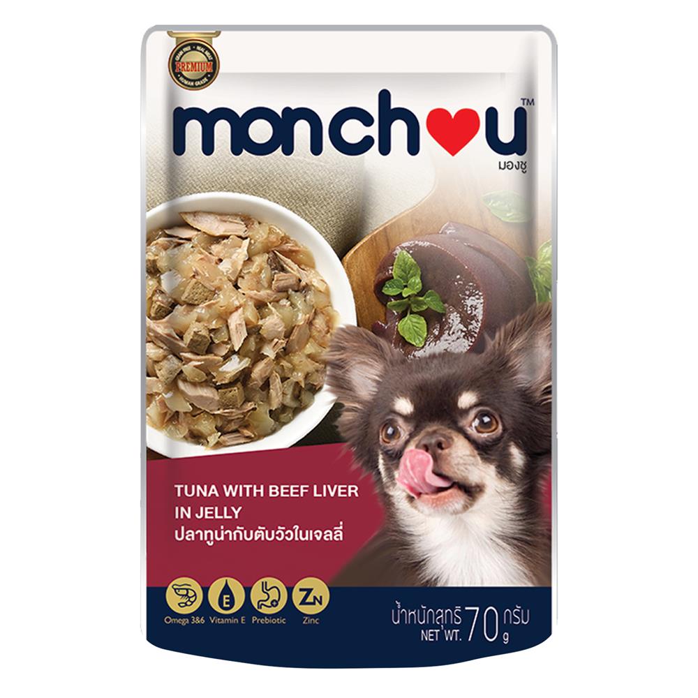อาหารเปียกสุนัข MONCHOU ปลาทูน่ากับตับวัวในเจลลี่ 70 ก.