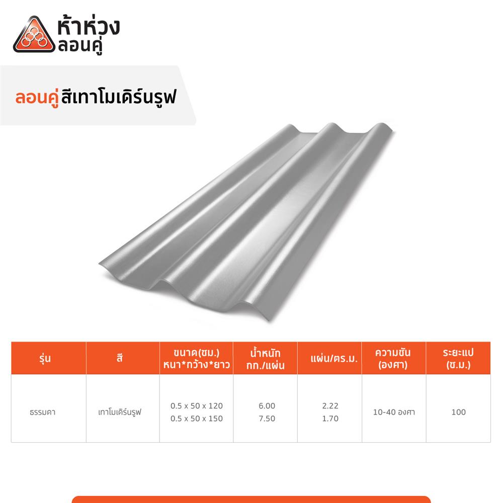 กระเบื้องหลังคาลอนคู่ ห้าห่วง 0.5x50x120 ซม. สีเทาโมเดิร์น รูฟ