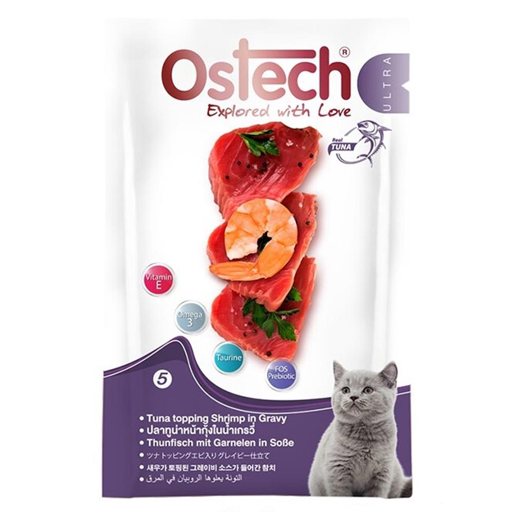 อาหารเปียกแมว OSTECH ULTRA EXPLORED WITH LOVE ปลาทูน่าหน้ากุ้งในน้ำเกรวี่ 70 ก.